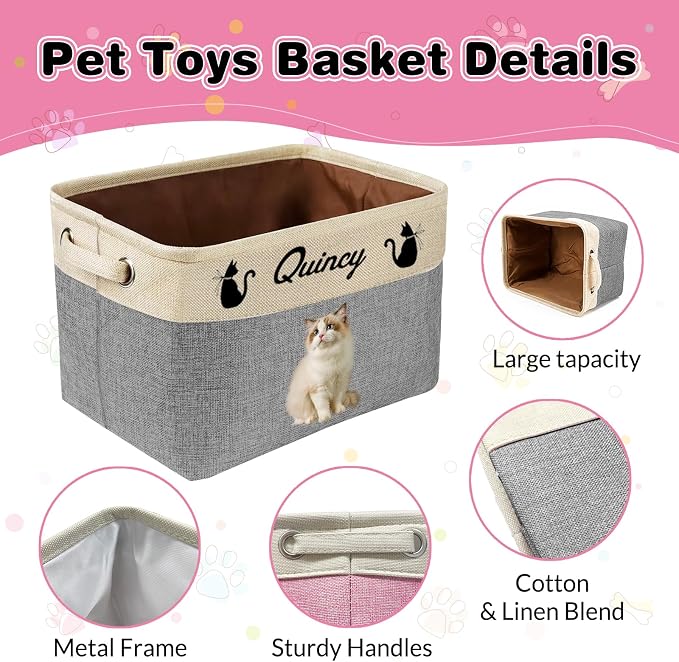 Personalized Dog Toy Basket with Name Photo Custom Dog Food Storage Bins Collapsible Organizer for Toys Dolls Clothing-Grey