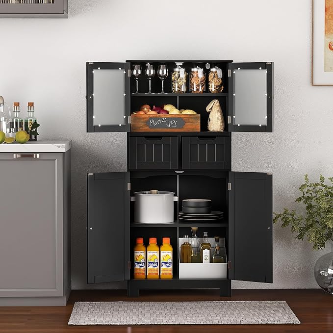 LOKO Bathroom Floor Cabinet, Storage Organizer with Glass Doors, Wooden Kitchen Cupboard with Adjustable Shelf for Living Room (Floor Cabinet with 2 Additional Drawers, Black)