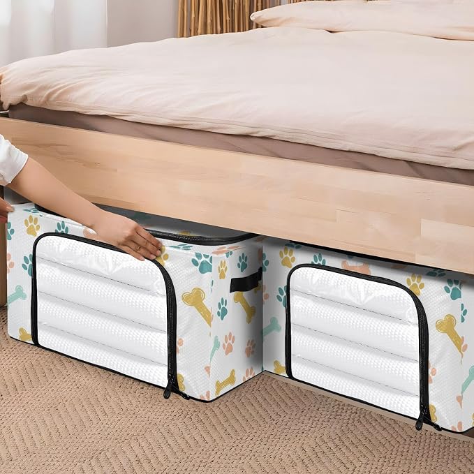 Pet Paw White print Under Bed Storage Containers with Double Zipper Openings, Foldable Clothes Storage Bins with Clear Window and Handles for Comforters Bedding Blankets