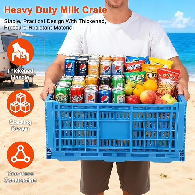 72L Plastic Milk Crate for Storage, Hold 130 lbs Per Bin, | Collapsible Storage Bins, Heavy Duty Storage Crates for Organizing Tools, Books, Food, Drinks, Camping & Transport