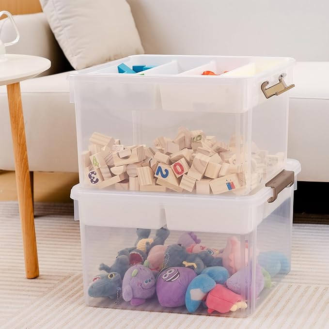 Citylife 32QT 2Packs Clear Craft Organizers and Storage Box with Tray | Stackable Art Supply Organizer Storage Bins with Lids for Beads, Markers, Sewing, Tools, Clothes, Files, Office Supplies