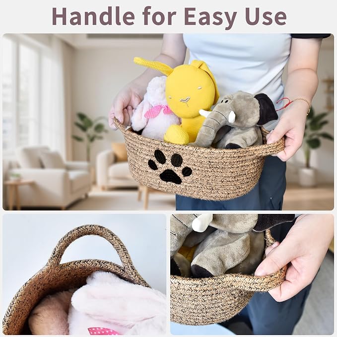 ABenkle Small Woven Basket with Handle, Cute Dog Paw Baskets for Gifts Empty, Decorative Rope Woven Storage Dog Toy Basket, Nursery Baskets for Baby Shower, 12" x 8" x 5"