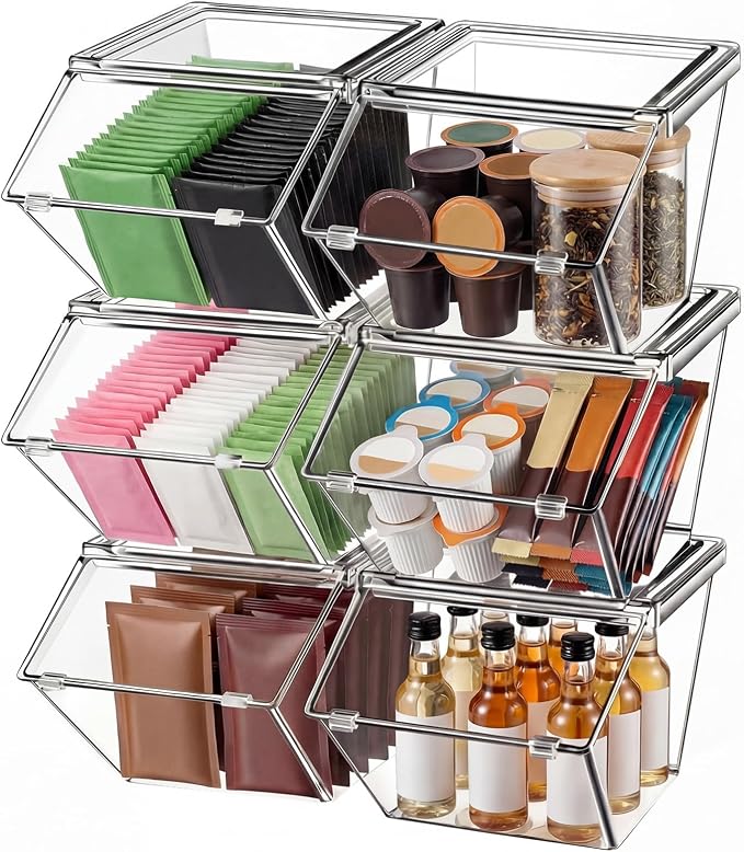 Yerliker 6 Pcs Clear Plastic Storage Bins with Lids Stackable Pantry Storage Organizer Kitchen Cabinet Organizers Ideal Containers for Coffee Pod Tea Sugar Bag Cabinet Home (Extra Large)