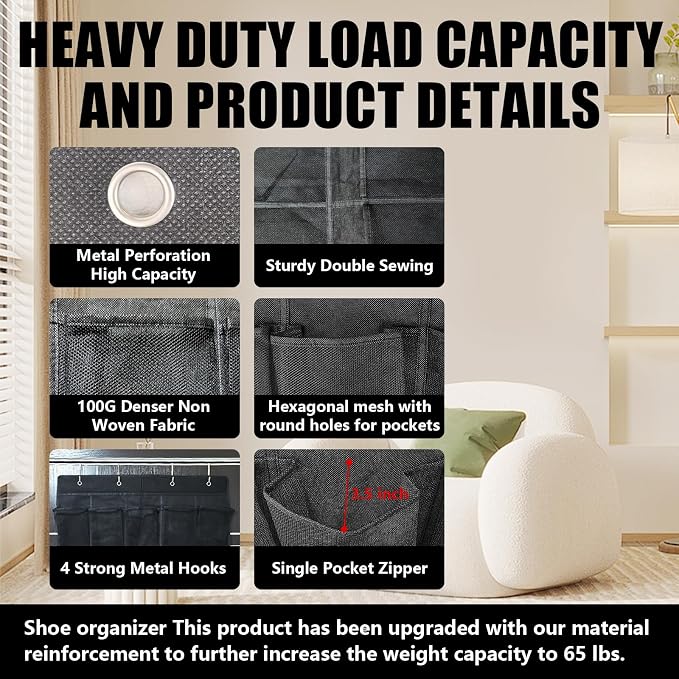 Over Door Shoe Organizer 35 Pocket Hanging Storage | No Drill Hanging Shoe Rack with Metal Hooks, Space Saving Organizer for Closet, Bedroom and Door Storage