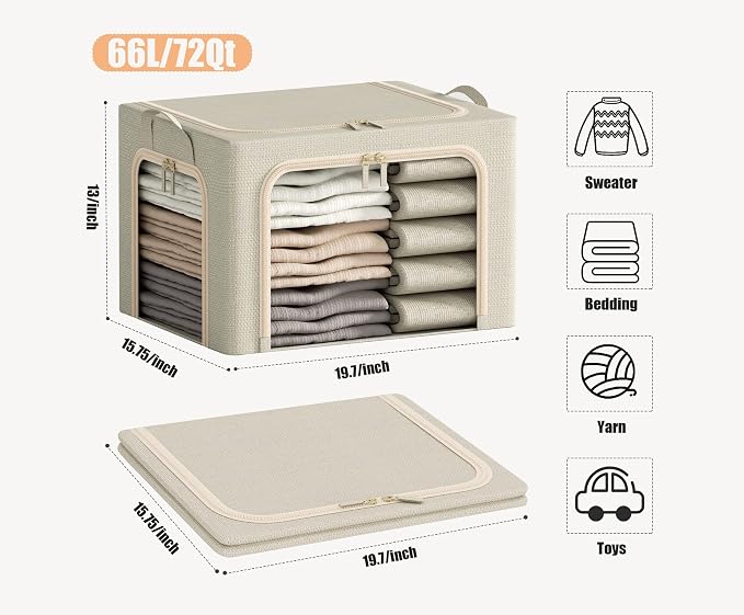 3 Openings Large Clothes Storage Bins with Metal Frame, Foldable Storage Bin for Clothes,Clothing Storage Bins with Lid, Linen Storage Box With Clear Window＆ Zippers＆ Durable Handles.(3 Pcs,Beige,66L)