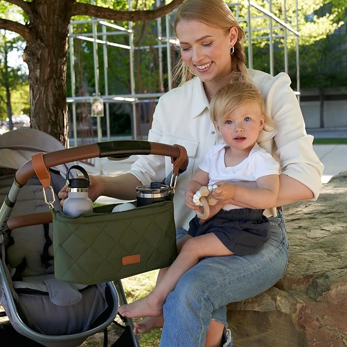 Beautiful Stroller Caddy Organizer With 2 Cup Holders - Zipper Pocket Bag | Luxury Stroller Bag with Universal Fit and Leather Straps - Spacious Accessories Perfectly Fits Doona, Nuna and Uppababy