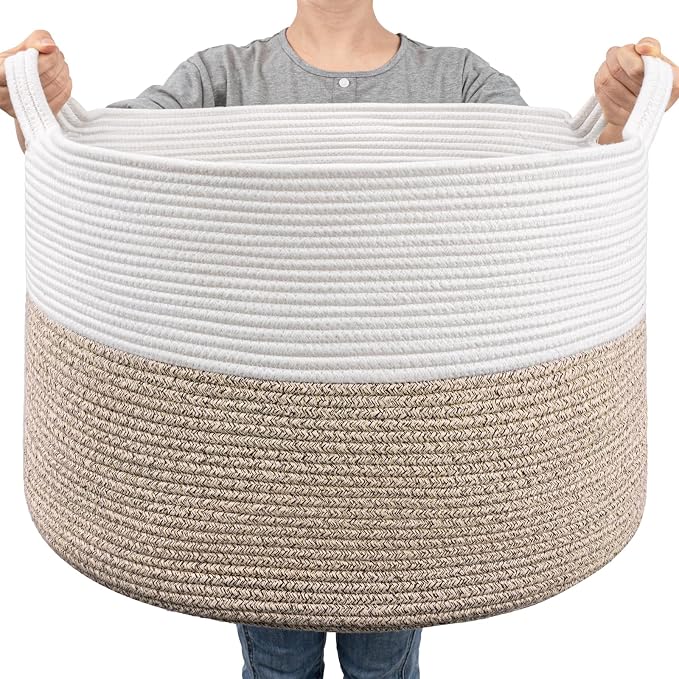 Goodpick Large Woven Basket for Blankets Fit Nursery & Living Room, 85L | 21.7 x 21.7 x 13.8 In Storage Basket for Toys Shoes, Cute Baby Laundry Hamper for Towels, Clothes, Light Brown