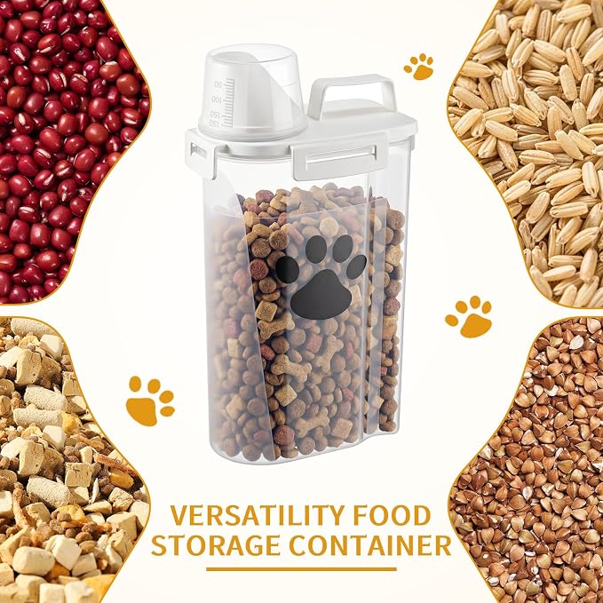 1 Pack Upgraded Dog Food Storage Container with Measuring Cup, Portable Pet Food Containers with Upgraded Large Spout and Cup for Dogs, Cats, Birds, Small Animals (Cream)