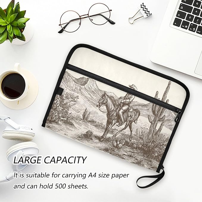 Cowboy Riding in Desert Expanding File Folder with Sticky Labels, 13 Pockets Accordion File Folder Document Organizer Expandable Zip File Folder with Zipper Closure