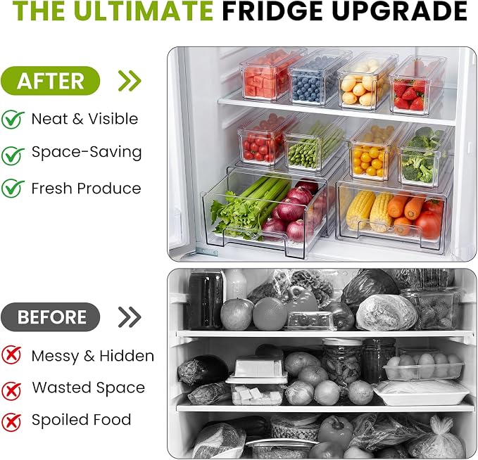 6Pack Fridge Organizers and Storage with Drain Trays,BPA-Free PET,Stackable | 2 Pull-Out Organizers & 4 Containers with Drain Trays For Fruit, Vegetable, Drink, Snack Food Storage
