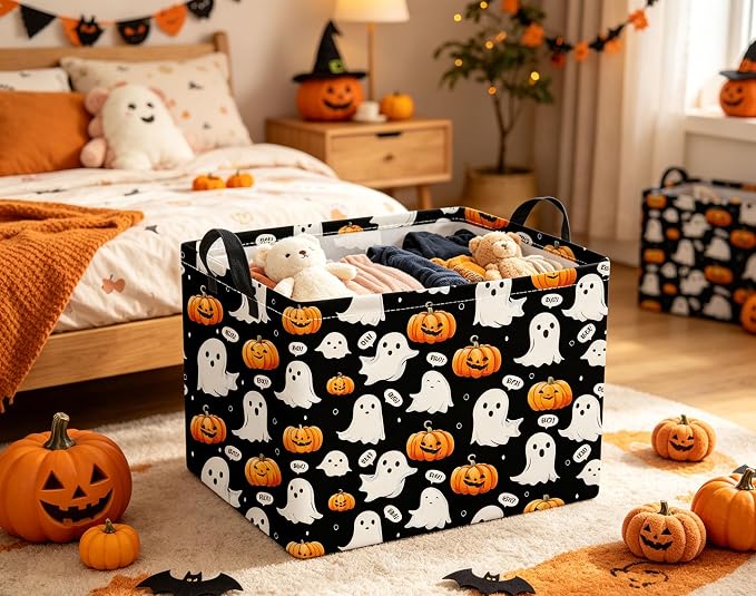 Halloween Basket Cute Baskets for Kids Pumpkin Basket Rectangular Storage Bin Organizer Box Room Decor(Black Ghost Pumpkin)
