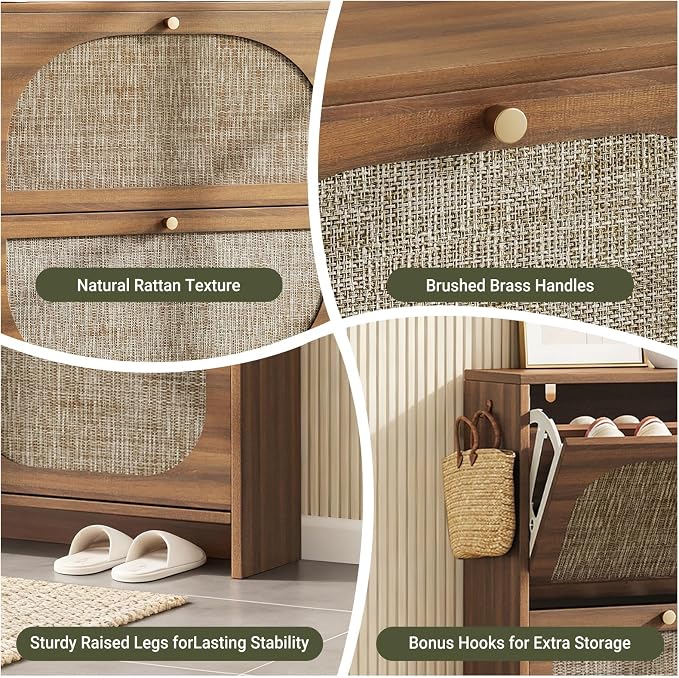 Freestanding Ultra Slim Fluted Accent Shoe Storage Cabinet for Entryway - 4 Flip Drawers & 3-Tier Adjustable Shelves, Farmhouse Modern Rustic Shoe Rack for Hallway, Foyer, Living Room