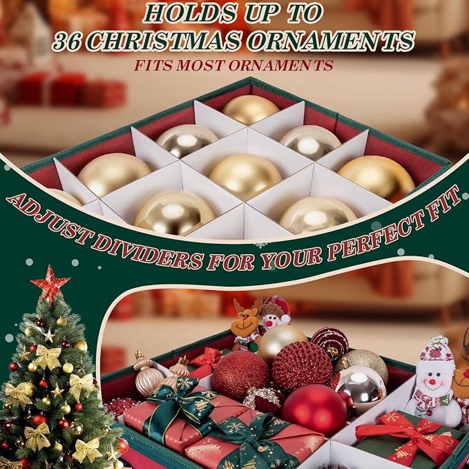 Christmas Ornament Storage Box with Adjustable Dividers Zippered Top Stores up to 36 Holiday Ornaments (4 Inch) Xmas Ball Decorations Organizer Storage Container Bin