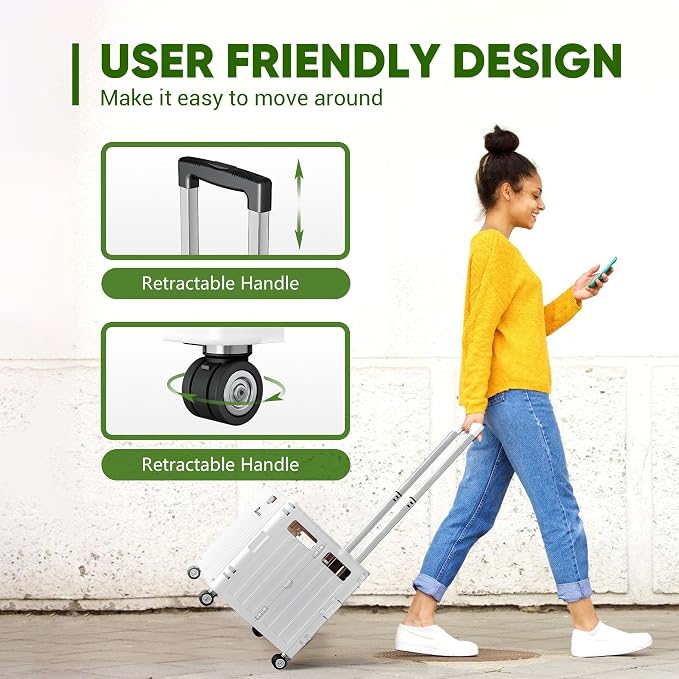 Folding Utility Cart, Portable Rolling Crate Handcart Collapsible Shopping Trolley with Lid, Foldable Tool Box Basket with 4 Rotate Wheels for Grocery, Office, Luggage, School - White