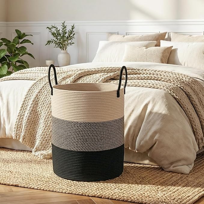 OIAHOMY 60L Nursery Hamper Laundry Basket Laundry Hamper Yellow/Black | collapsible Blanket Basket Cotton Rope Woven Basket Dirty Clothes Hamper Baby Hamper Tall Clothes Hamper with Handles