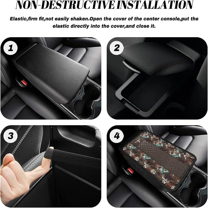 Howilath Bull Print Car Armrest Cushion Non-Slip Cover for Center Console | Southwest Anti-Slip Backing, Protects From Pet Claws and Daily Wear with 2 Storage Pockets