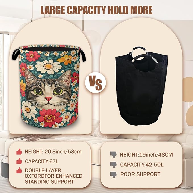 Cute Cat Laundry Baskets,Blooming Colorful Flowers Laundry Hamper,Storage Basket with Handles for Bathroom Bedroom College Dormitory Living Room Nursery Organizer 16"x20.8"