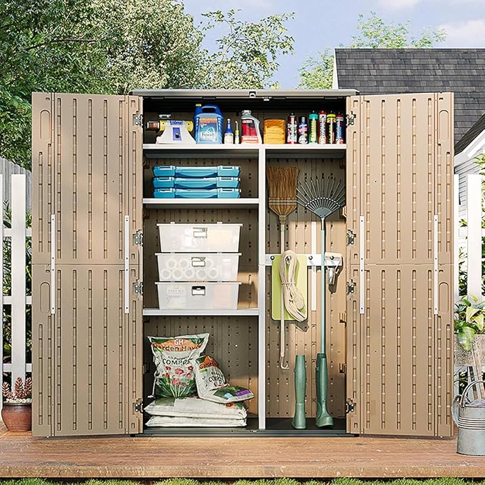 Aoxun Outdoor Storage Shed, 64 Cu.Ft Vertical Storage Sheds, Brown | Outdoor Waterproof Storage Cabinet for Garage Storage, Resin Sheds Outdoor with Floor