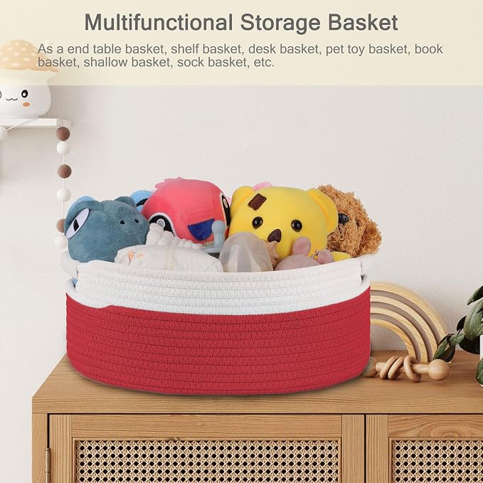 Small Woven Gift Basket with Bag & Ribbons, Red | Cotton Rope, 13”x 9”x 5.5”, Fits for Kids, Women & Men, Bedroom, Living Room, Nursery & Bathroom Storage, Cat & Dog Toy Boxes