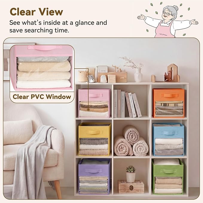 GRANNY SAYS 11x11 Storage Cube, Fabric Storage Bins, Rainbow, 6-Pack | Clear Window Front, Reinforced Handles, Collapsible, Suitable for Shelves, Closets, Organizing Toys, Clothes, Blankets