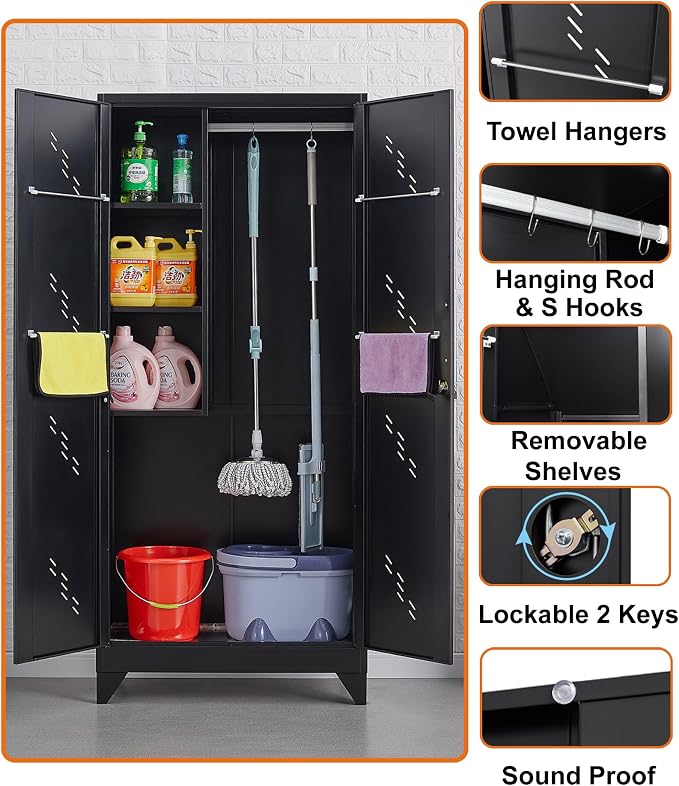 75" Metal Storage Cabinet with Lockable Doors,Utility Closet,Black | Functional Garage Storage Cabinets,Heavy-Duty Tool Cabinet,Hanging Rod & S-Hooks,Steel Lockers for Home Office,Warehouse