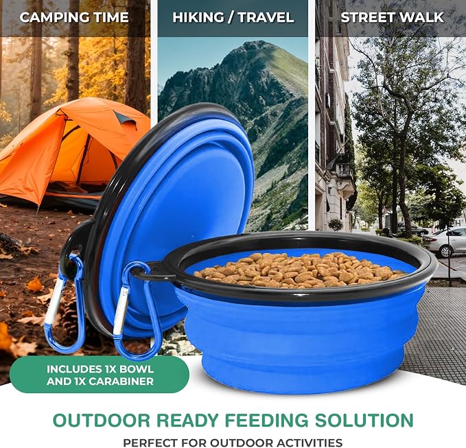 Collapsible Dog Water and Food Bowls, Blue, BPA Free | for Travel, Portable, Dogs and Cats, Foldable Pet Feeding Dish, Walking Hiking Camping with Carabiner