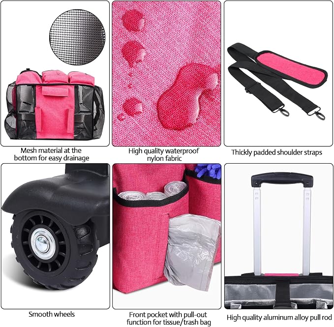 Rolling Cleaning Caddy Bag Built-in Hard Plastic Sheet Detachable Trolley | Aluminum foil lining, Adjustable dividers Adjustable Shoulder Strap and Multiple Storage Pockets