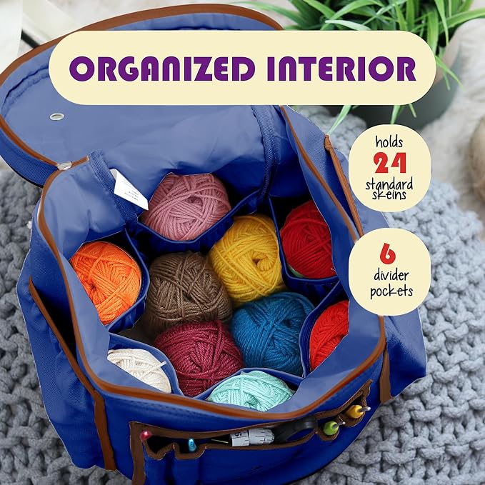 Hearth & Harbor Crochet Bag Organizer – Durable Knitting Bag, Yarn Organizer for Accessories and Supplies, Canvas Yarn Holder, Crochet Carrying Case with Accessories Pouch, Storage Organizer – Blue