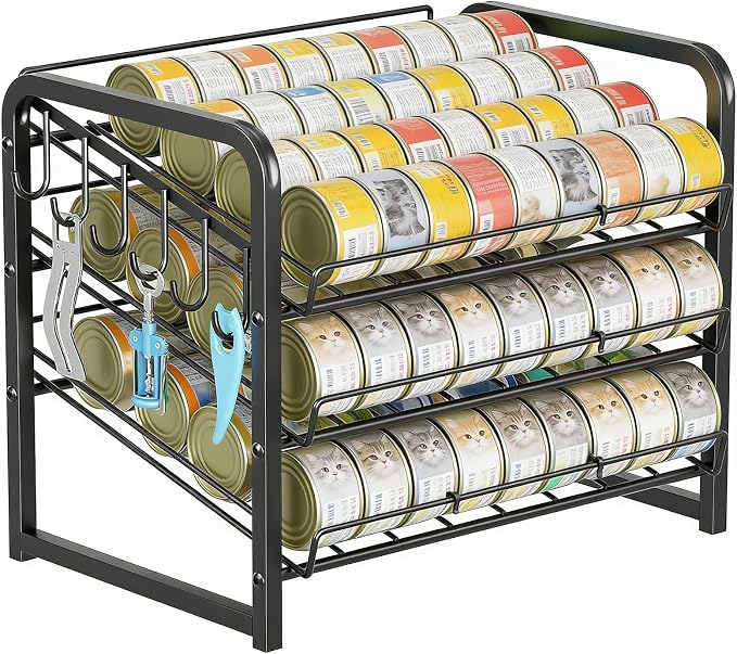 Iron Cat Food Container, Can Organizer for Pantry, Pet Food Storage Containers, 3-Tier Can Stackable Storage Rack with 6 Fixed Hooks, Canned Goods Organizer for Countertop Kitchen Cabinet, Black