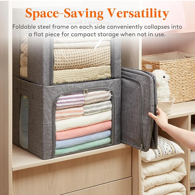 Lifewit Clothes Storage Bins with Metal Frame, Stackable Storage Box, Foldable Clothing Storage Bins with Lids, 75L Storage Bags Fabric Box Organizer with Clear Window＆ Zippers＆ Sturdy Handles 3 Pack