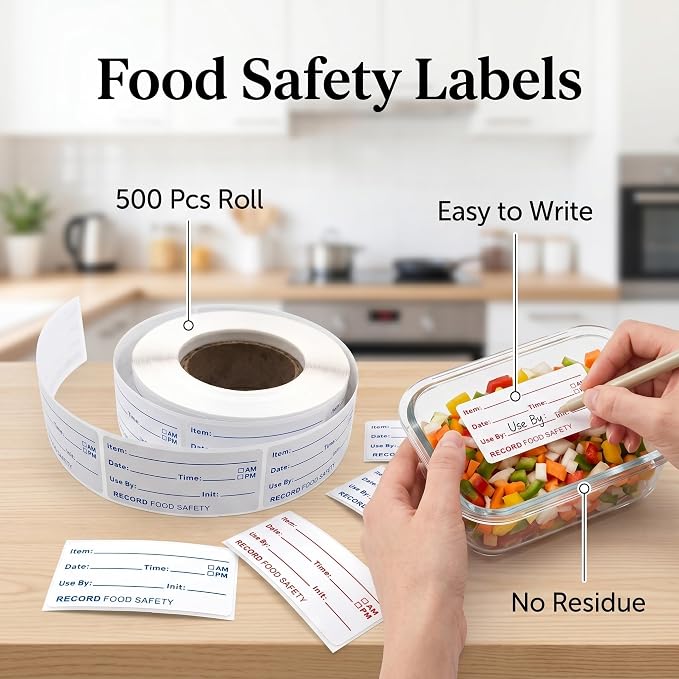 Food Storage Labels, 1000Pcs 2 Rolls, Small Self Adhesive | Removable water-resistant freezer stickers and date tags for kitchen organization, canning and food prep.