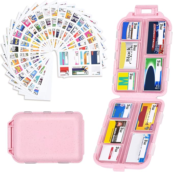 Travel Pill Organizer with 189 Medicine Labels & Stickers - 7 Day Pill Organizer (Pink, 1 Pack)