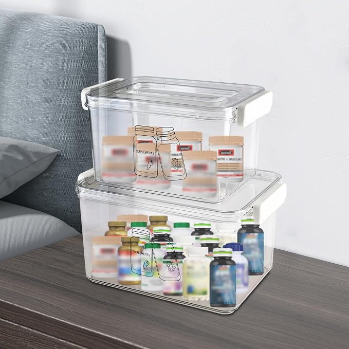 3 Pack Supplement Bottle Organizer with Travel Pill Organizer, Clear Plastic Vitamin Pill Bottle Organizer with Lid & Handle, Stackable First Aid Box Empty for Medicine, Fish Oil, Supplements