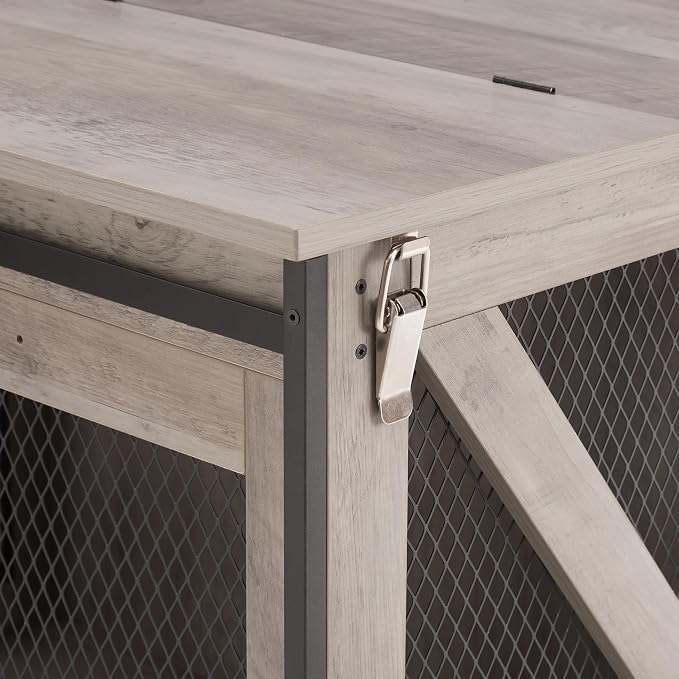 28" H Farmhouse Style Wooden Dog Crate with Sliding Barn Door - Functional End Table Dog Kennel for Small, Medium and Large Dogs, Featuring Flip-top Plate and Detachable Divider (Gray wash)