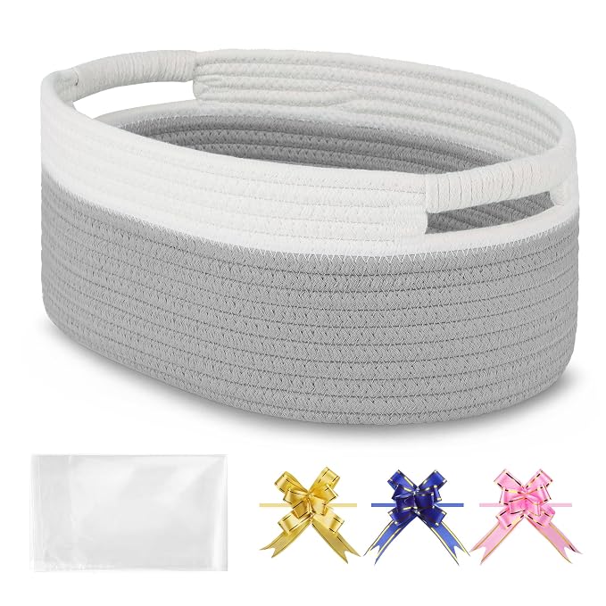 Small Woven Gift Basket with Bag & Ribbons, Cool Gray | Cotton Rope, 13”x 9”x 5.5”, Fits for Kids, Women & Men, Bedroom, Living Room, Nursery & Bathroom Storage, Cat & Dog Toy Boxes