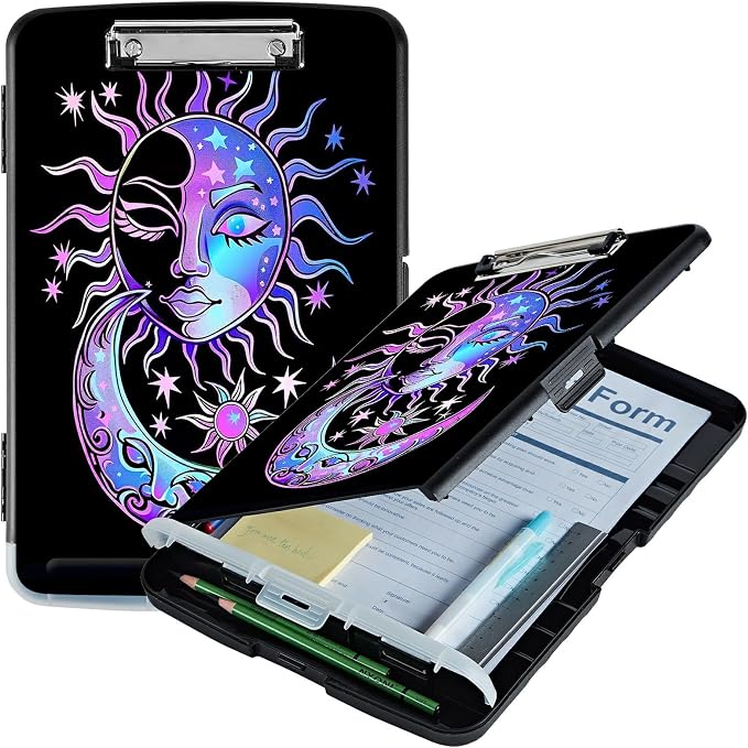 Purple Moon Sun A4 Clipboard with Storage Pen Holder, Clipboards Organizer Nursing Clipboard Foldable File Folder Plastic Clipboard Folio Clip Board for Office Students Classroom Doctor