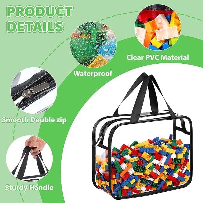 Toy Storage Bags 6 Pack, Clear PVC Toy Organizers, Black | Waterproof PVC, Large 30 x 10 x 22 CM Size, Label-Ready, For Toys, Books, Puzzles, Classroom and Travel