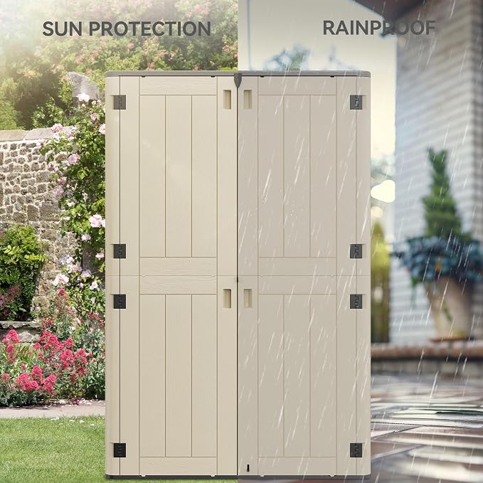 YITAHOME 60 cuft Vertical Outdoor Storage Shed w/o Shelf, Large Waterproof Storage Cabinet for Garden Shed, Tall Outdoor Storage Shed for Garage, Pool Storage, Resin, Lockable, Khaki & Brown
