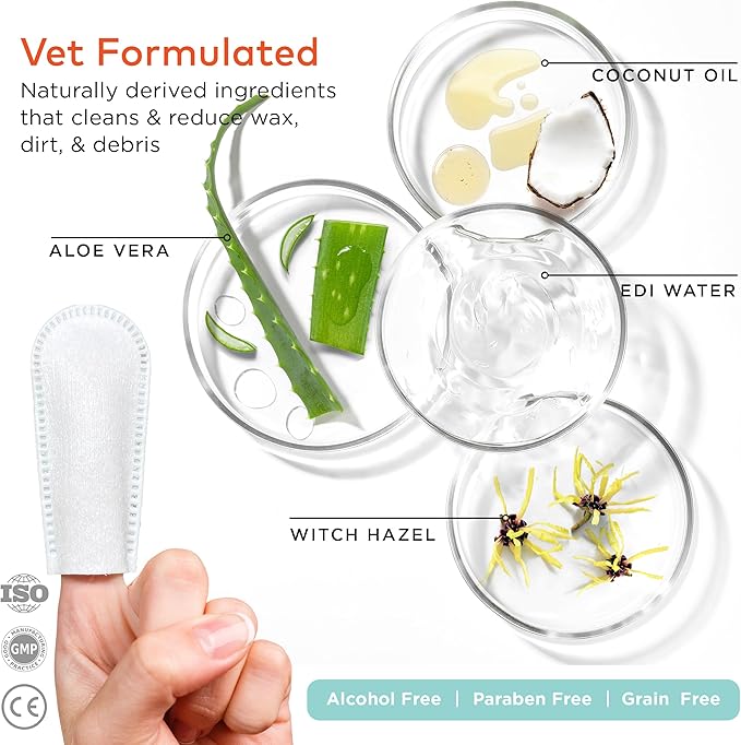 ARCA PET Dog Ear Cleaner Wipes - Vet Formulated Cleanser for Dogs - Ear Itching, Dissolves Wax, Dirt & Odor with Coconut Oil & Aloe Vera (50 Finger Wipes)