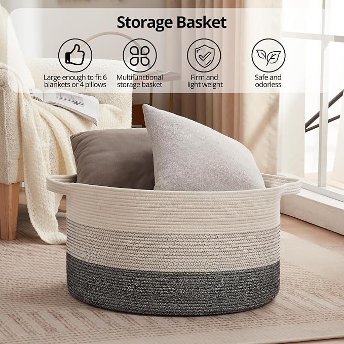 OIAHOMY 90L Extra Large Blanket Basket - Decorative Cotton Rope Storage Basket for Bedroom, Living Room & Nursery - Woven Laundry Hamper for Organizing Blankets, Clothes & Toys - Black and White
