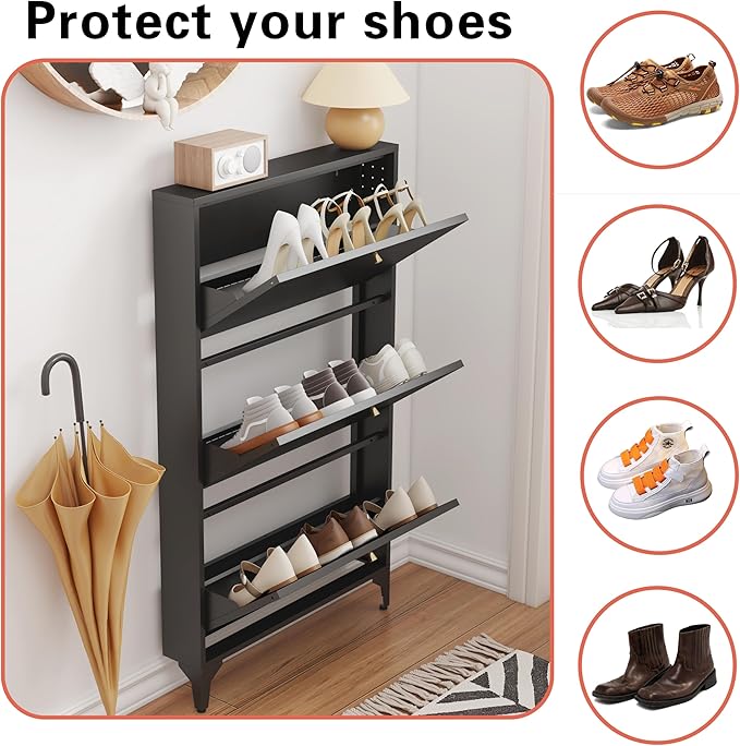 Shoe Cabinet with 3 Flip Drawers, Narrow Shoe Storage Cabinet, Farmhouse Shoe Organizer, Freestanding Organizer with Metal Legs for Entryway, Foyer (Black, 3 Door)