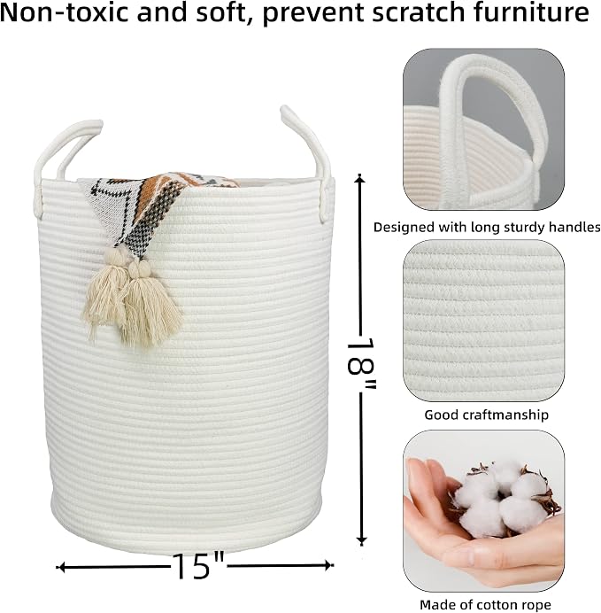 XUANGUO White Cotton Rope Laundry Basket Hamper for Clothes Large | Baby Nursery Hamper Bin Decorative Woven Storage Basket for Living Room Bedroom Boho Tall Rope Baskets for Blanket Toys
