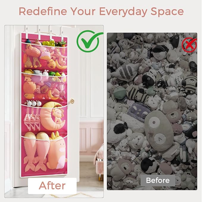 Over the Door Hanging Organizer, Extra-Large Door Storage Organizer with 4 Deep Mesh Pockets, Space-Saving Hanging Storage for Bedroom & Home Organization, Pink