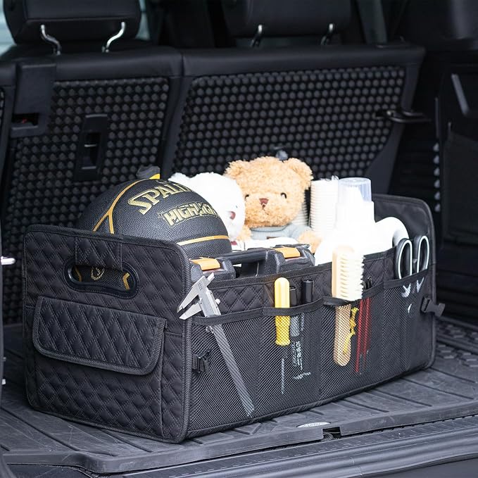 JiatuA Car Trunk Organizer for SUV, Collapsible Car Storage Organizer Black | Sturdy, Large Capacity, Diamond Decor, Multi Compartment Container Box Adjustable Car Accessories for Sedan Truck