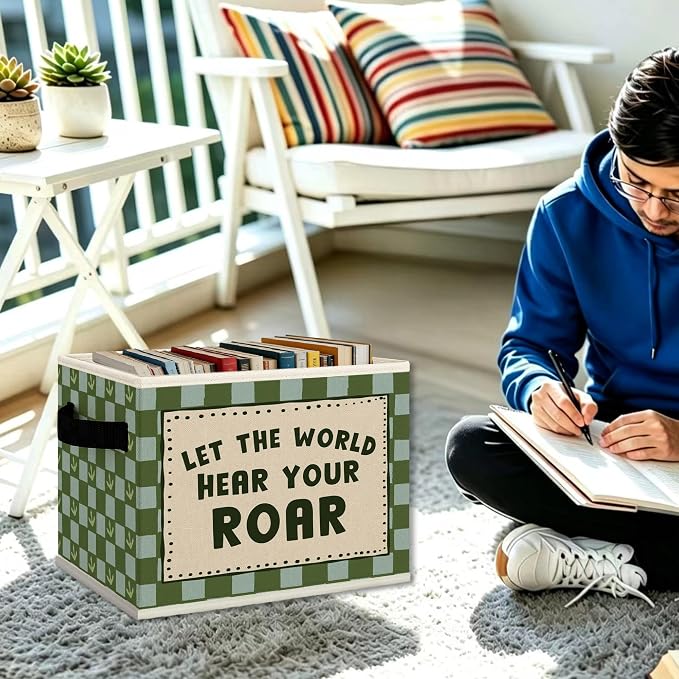 Dinosaur Nursery Cube Storage Bins with Handles, Dinosaur Blue Green Checkered Collapsible Fabric Storage Basket Boxes Books Clothes Organizer for Kids Boys Room Bedroom Playroom Bathroom