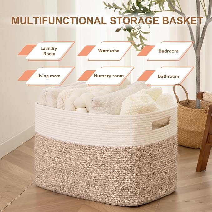 96L XL Large Cotton Rope Basket, Soft Toy Storage Bin for Nursery & Living Room, Decorative Blanket Basket for Bedroom, Baby-Safe Organizer for Pillows &Laundry, 24''×16''×15'', Brown & White