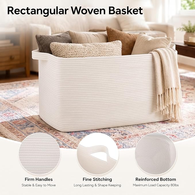 OIASKET 108L Extra Large Blanket Basket Living Room, 24.8" x 16.2" x 16.2" | Rectangle Woven Laundry Hamper, Nursery Blanket Storage Living Room, Toy Storage With Handle, Large Baskets for Organizing