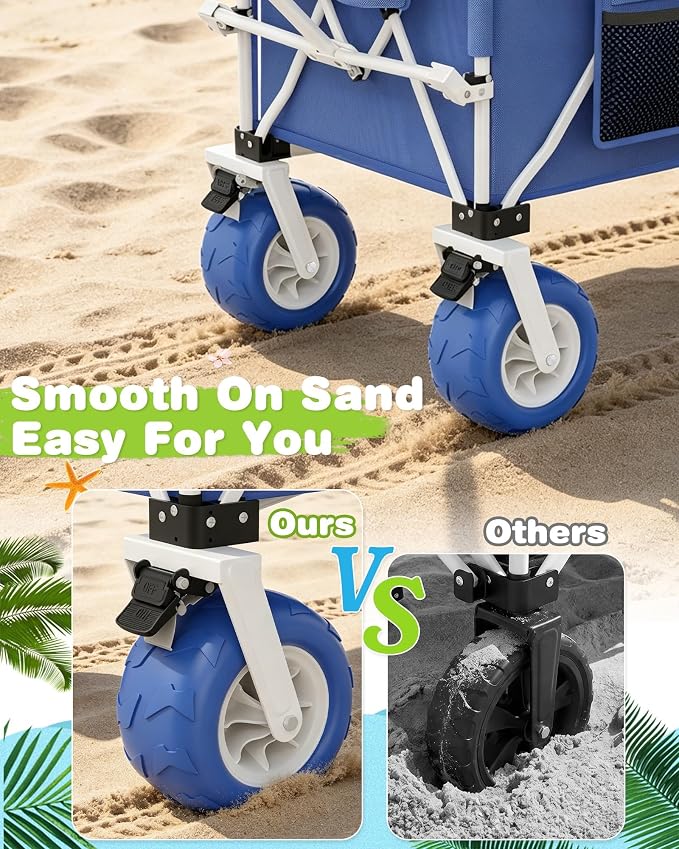 59"L Beach Wagon with 9×4" Big Sand Wheels, Expandable Tailgate | Heavy Duty Collapsible Utility Cart with 9" All-Terrain Non-inflatable Balloon Wheels for Beach Camping Baseball Fishing