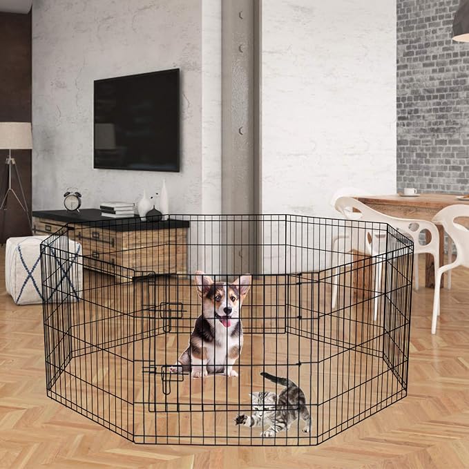 Puppy Pet Playpen 8 Panel 24 Inch Indoor Outdoor Metal Portable Folding Animal Exercise Dog Fence Ideal for Pet Animals Dog Cat Rabbit Breed Puppy (24" x 24" x 8) | Eight 24"W x 24"H black rustproof metal panels with built-in door, foldable tool-free d...