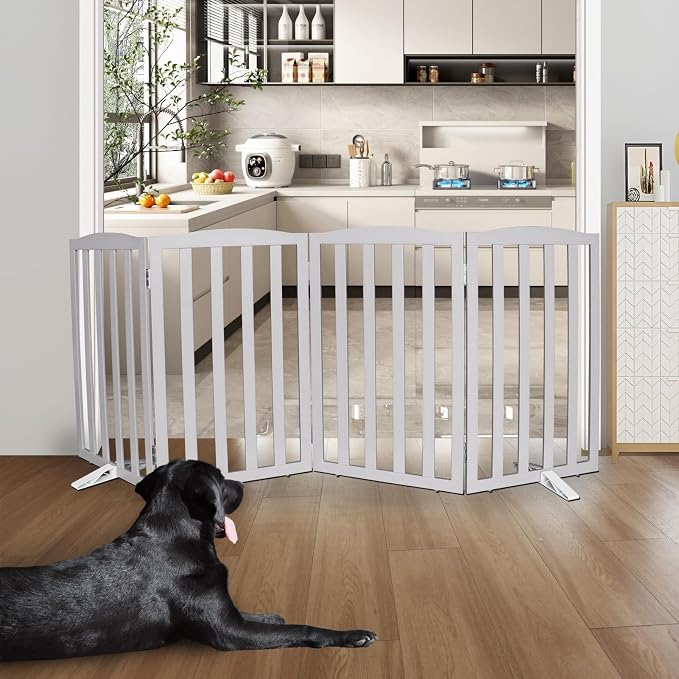 ZJSF Foldable Freestanding Indoor Dog Gate for House Wood Long Pet Gates Dog Fence for Stairs Puppy Gates for Hallways, Puppy Gate,Support Feet Included, Grey, 32 "Height-4 Panels